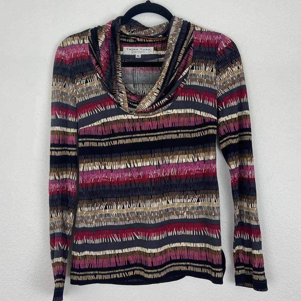 💔SOLD💔Trina Turk Silk Striped Cowlneck Top. Size S